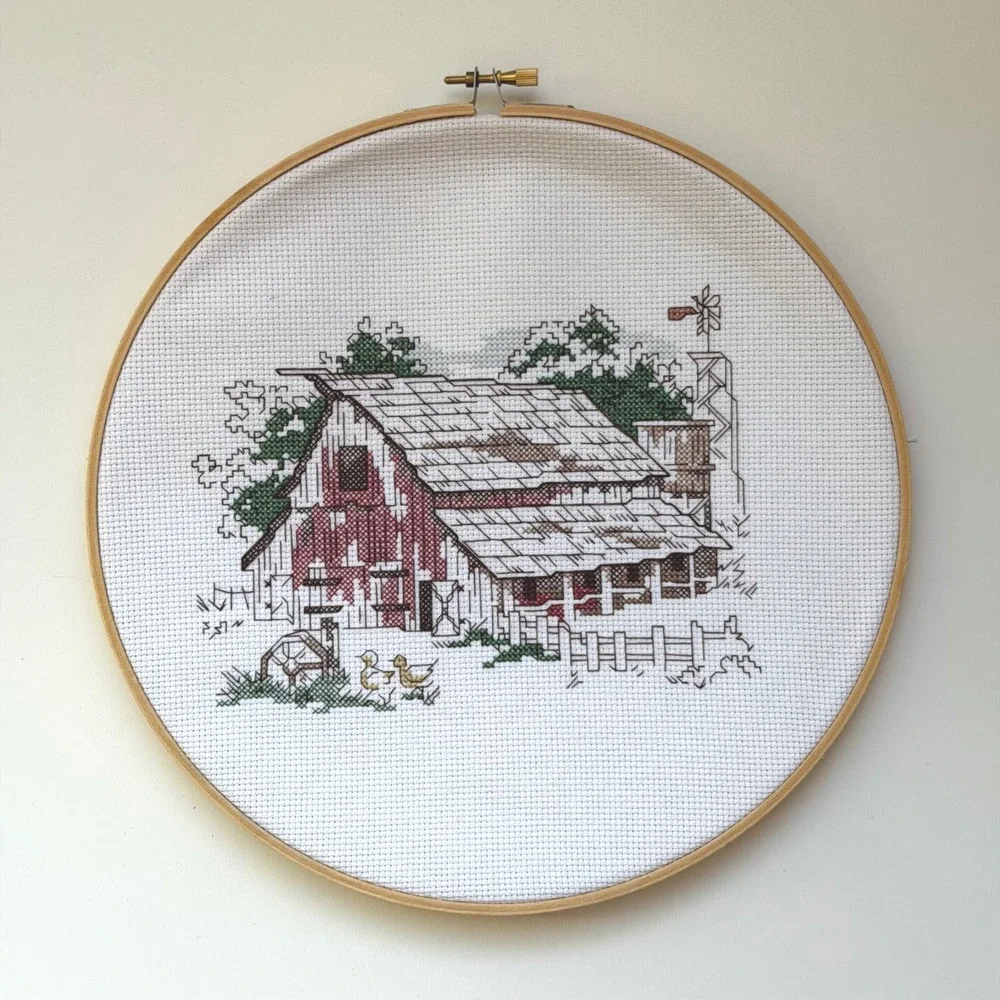 Set of Cross Stitch Barn Scenes Wall Hanging Cottagecore Farmhouse Handmade‎